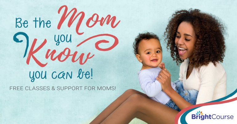 Smiling mother holding baby with supportive message